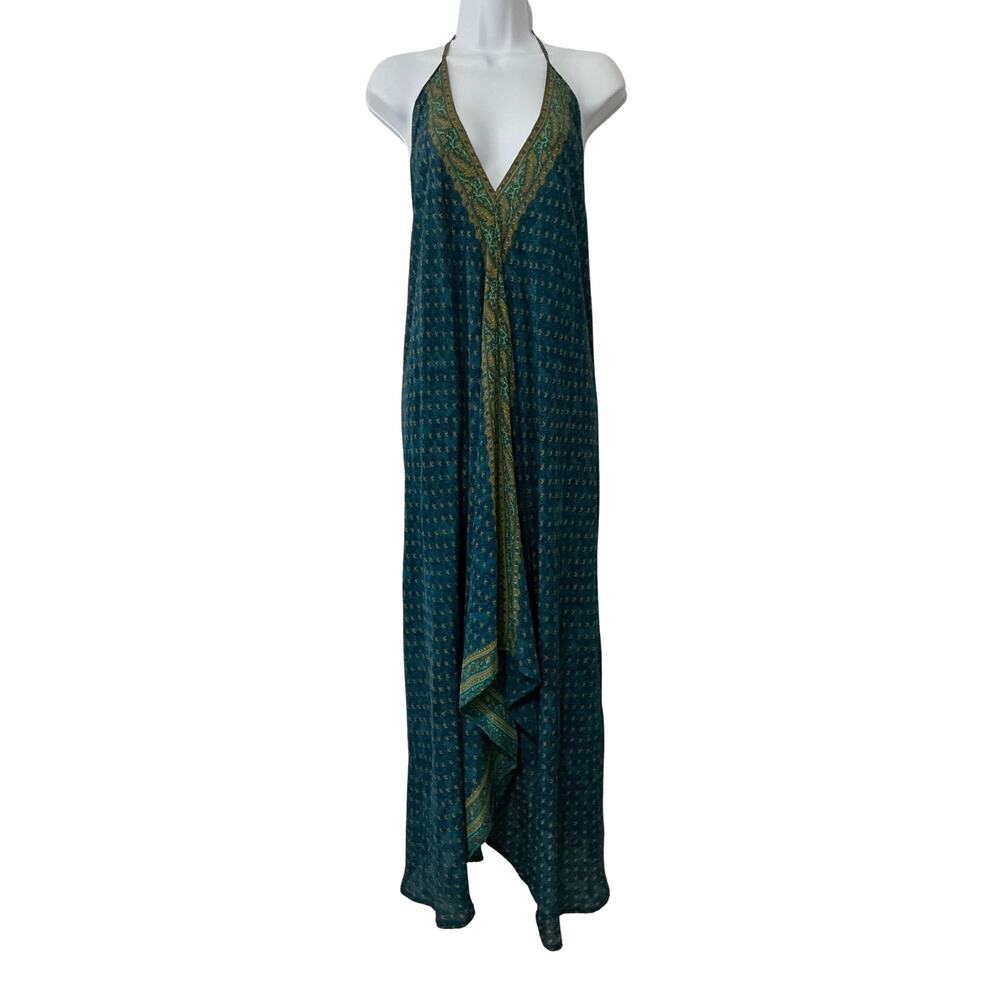 Sun Child Classic Signature Halter Asymmetric Floral Silk Maxi Dress Size M - Picture 2 of 12
